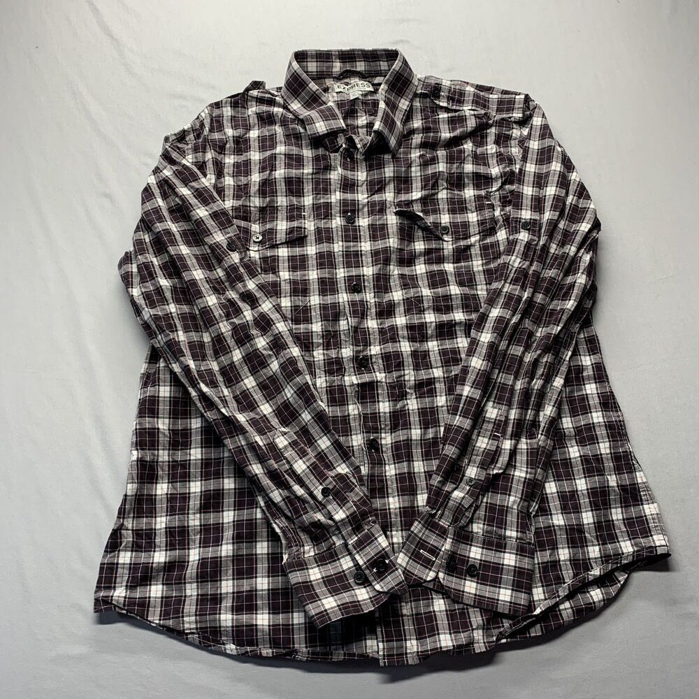 Express Shirt Mens XL Maroon Gray Plaid Classic Soft Wash Long Sleeve Button Up